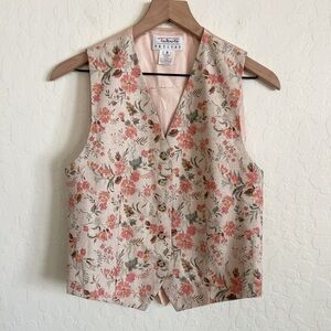 Vintage Talbots Linen Floral Button Front Vest 2 Petite Tan Pink Cottagecore